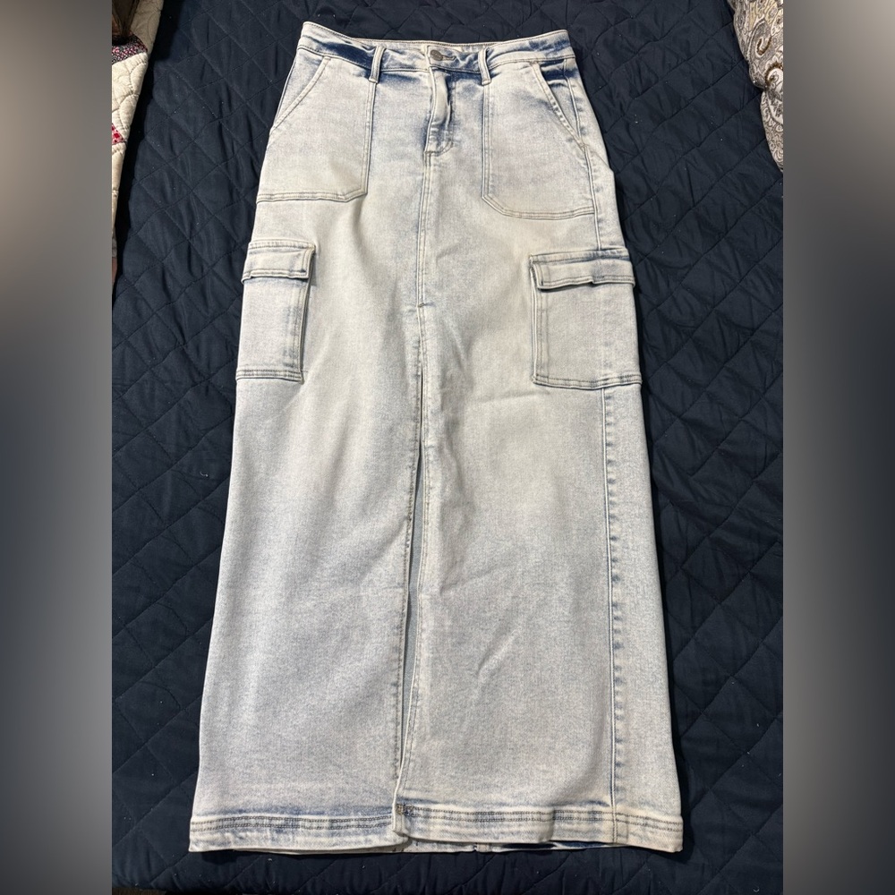 Denim Maxi Skirt with Cargo Pockets